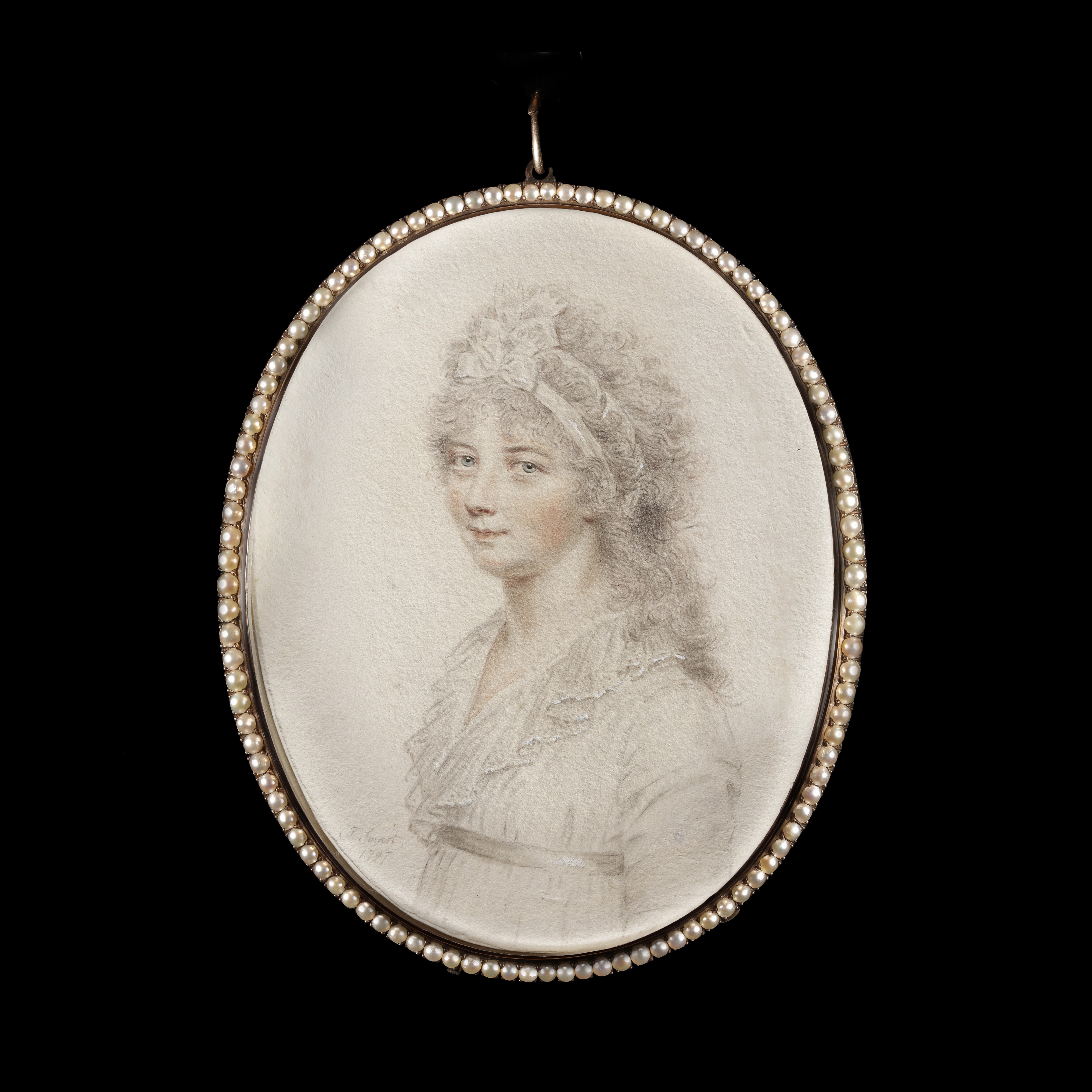 Portrait drawing of Mrs Parker of Bath, wearing white muslin dress and two bows of white silk ribbon in her powdered hair